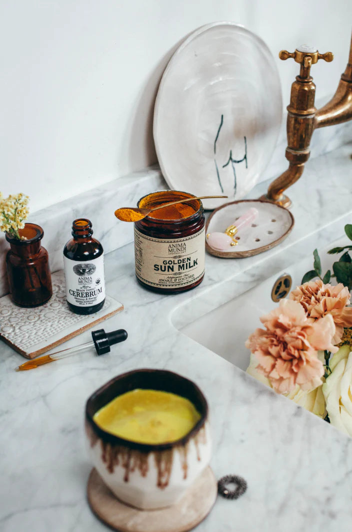 Anima Mundi Herbal Supplements Australian Official Stockist. Buy Anima Mundi Golden Sun Milk Energizing Adaptogenic Chai 142g at One Fine Secret. Clean Beauty Melbourne.