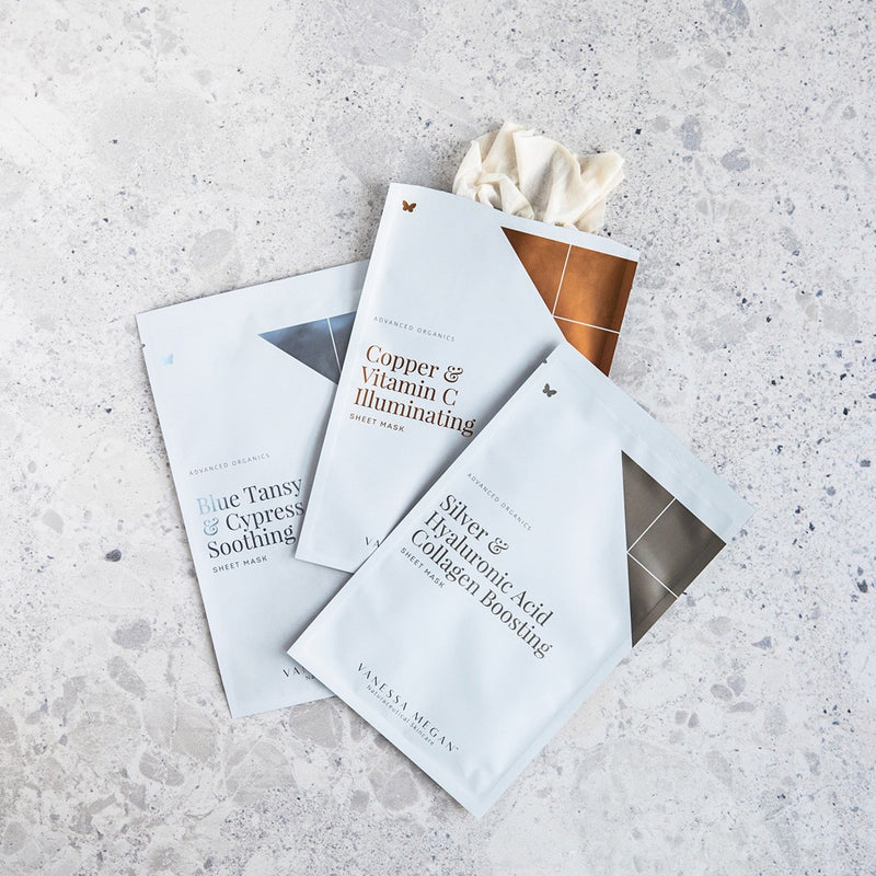 Buy Vanessa Megan Silver, Copper & Blue Sheet Mask Trio at One Fine Secret Clean Beauty.