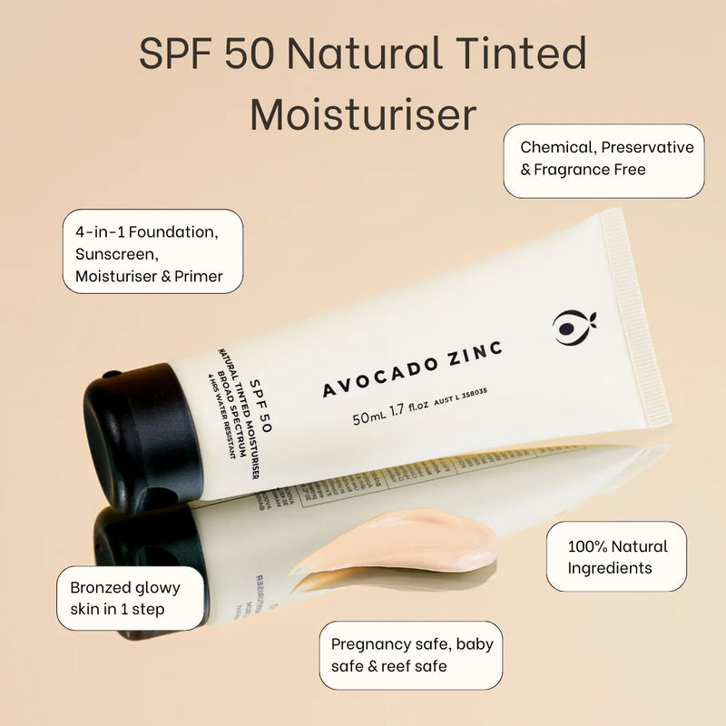 Avocado Zinc SPF 50 Natural Tinted Moisturiser Features & Benefits. Buy now at One Fine Secret.