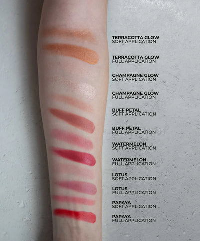 Fitglow Beauty Multi-use Cream Lip + Cheek + Illuminator Refill Colour Swatches. One Fine Secret. Official Australian Stockist. Natural & Organic Makeup Clean Beauty Store in Melbourne.