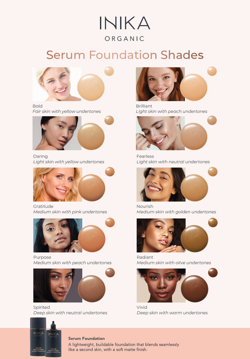 Find your perfect shade of Inika Organic Serum Foundation at One Fine Secret. Shade Chart.